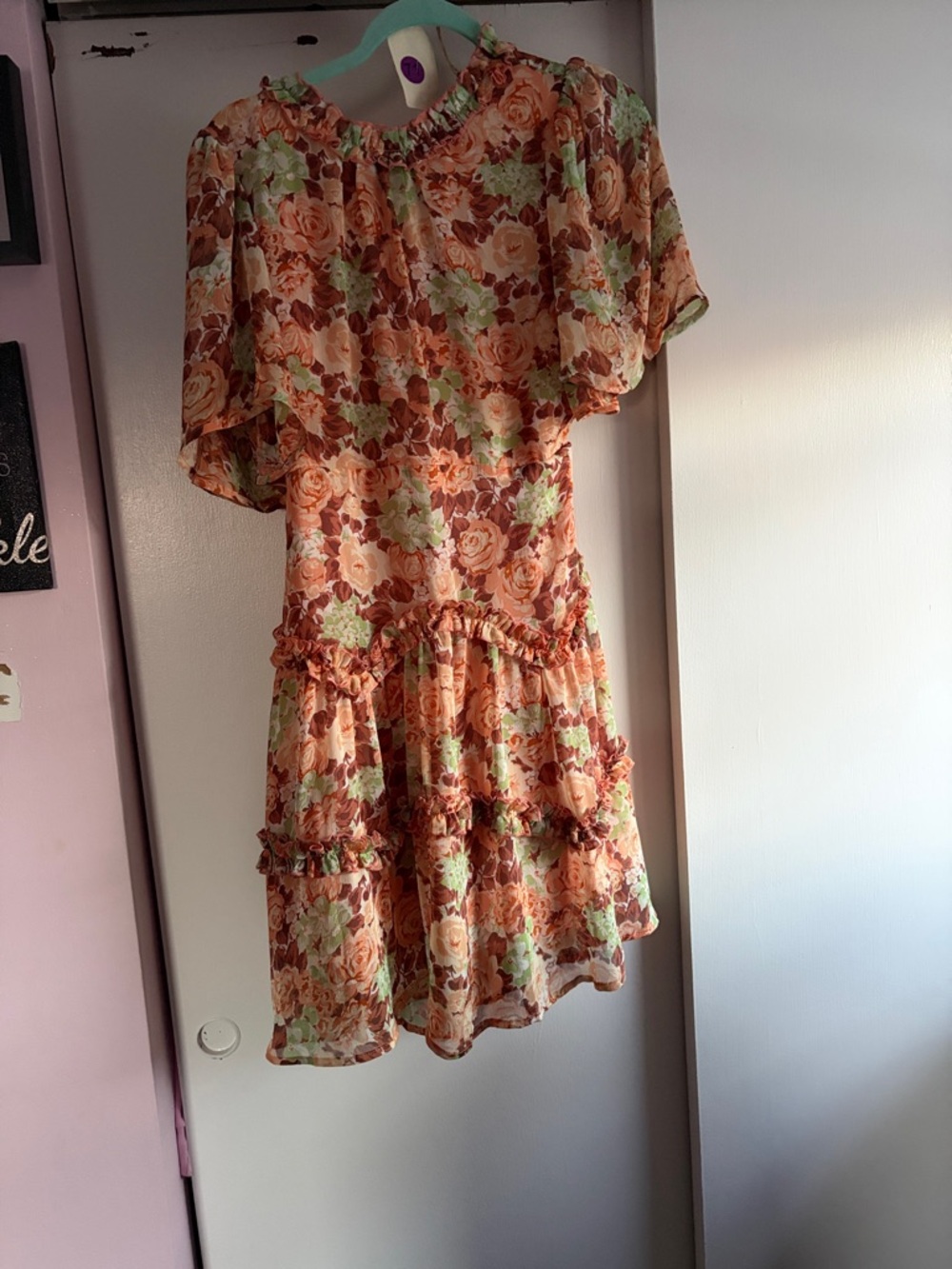 easel Peach Floral Tiered Ruffle Mini Dress